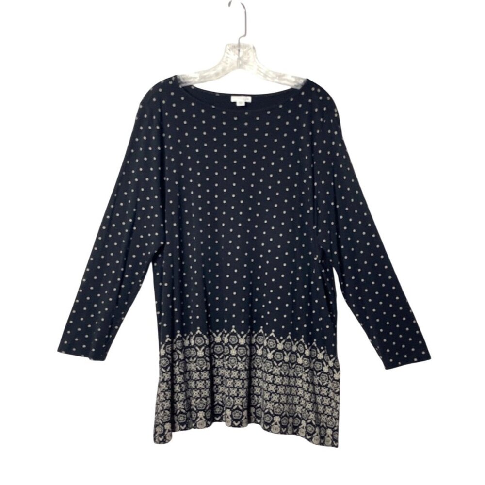 J.Jill Womens 2X Black & White Polka Dot Long Sleeve Tunic Top With Border Print